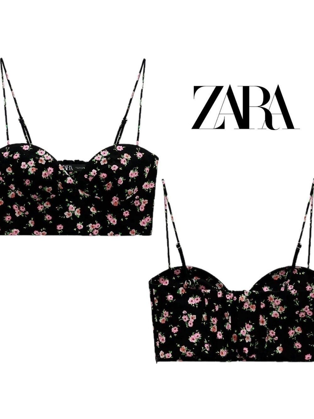 Zara black pink floral flower sweetheart spaghetti strap bustier crop top Sz XL